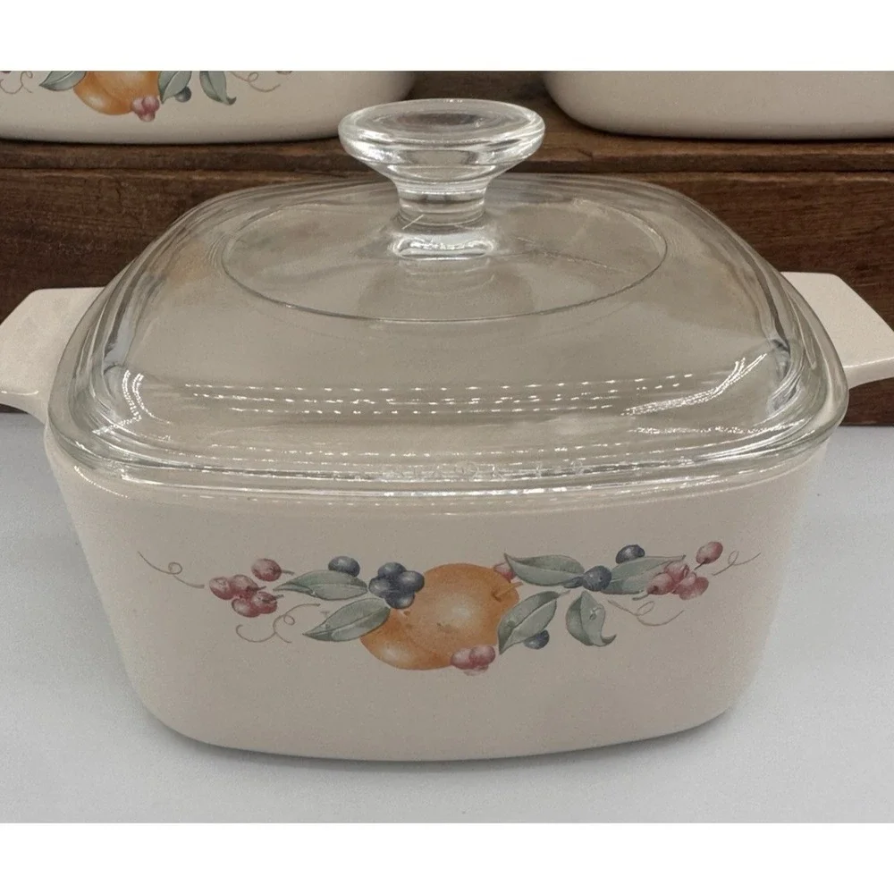 Corning Ware Beige Fruit Garland 4pc Set A-1-B + 2 A-1 1/2-B + Pyrex Lid VTG